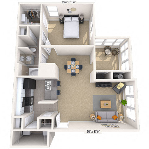 Traditional 1x1 775-881 SF floor plan