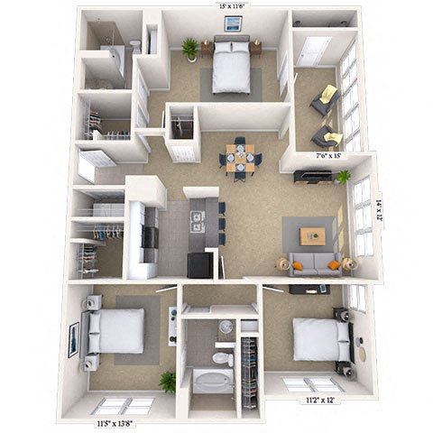 Traditional 3x2 1332-1446 SF floor plan