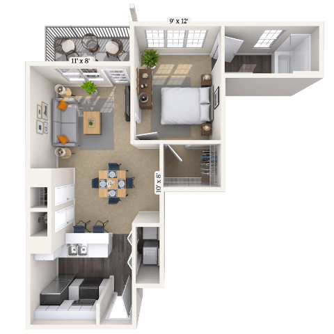 Traditional 1x1 591-713 SF floor plan