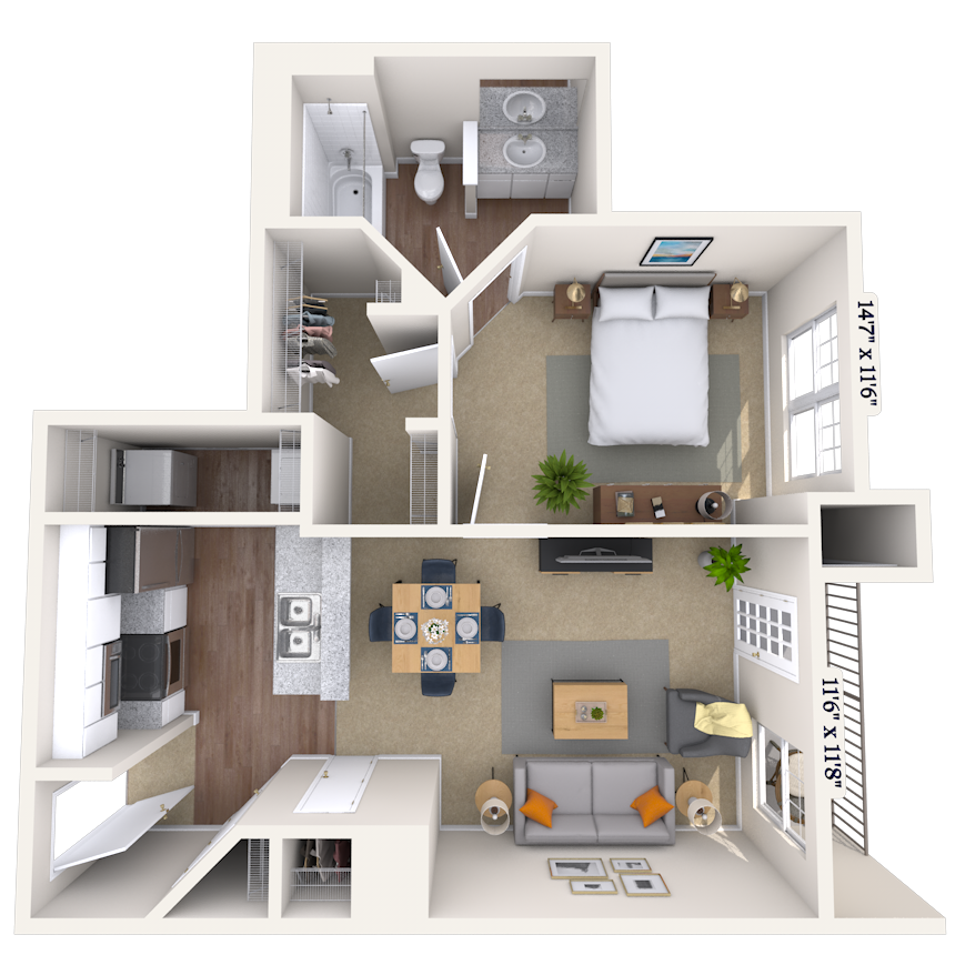 Traditional 1x1 595-601 SF floor plan