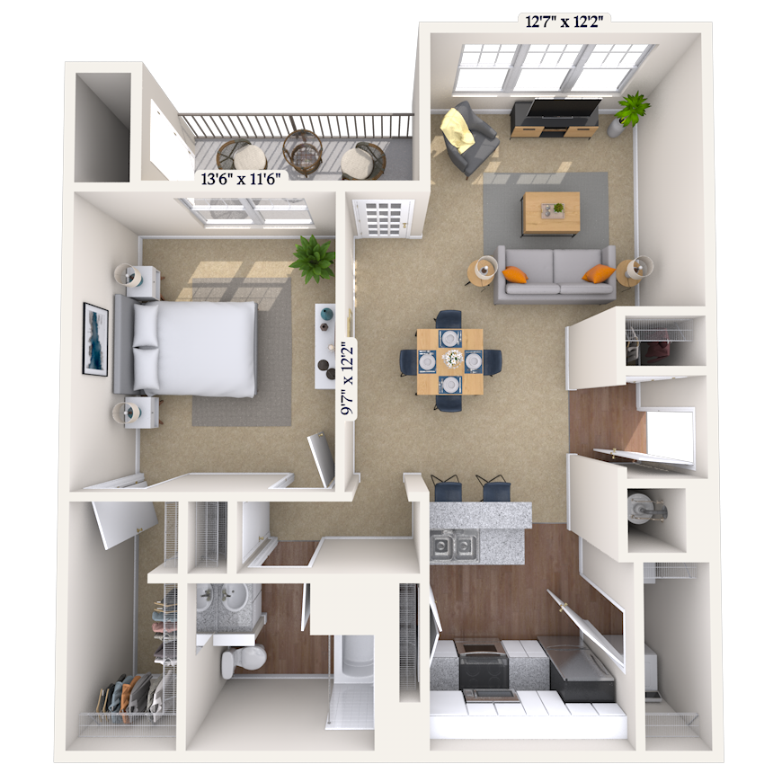 Traditional 1x1 882-906 SF floor plan