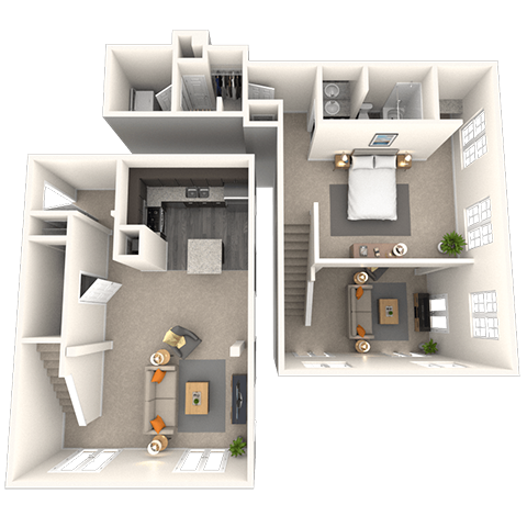 Dual Level 1x1.5 1280 SF floor plan