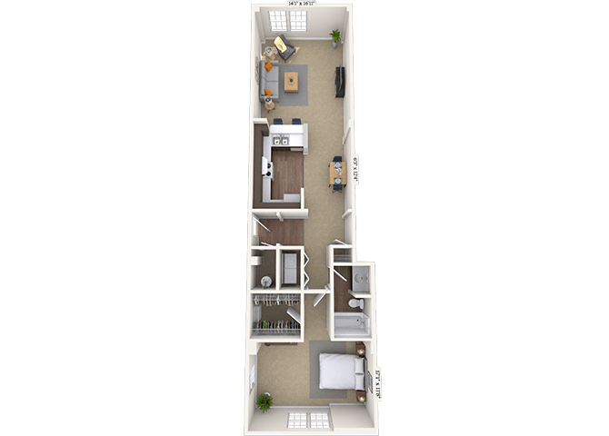 Traditional 1x1 1112 SF floor plan