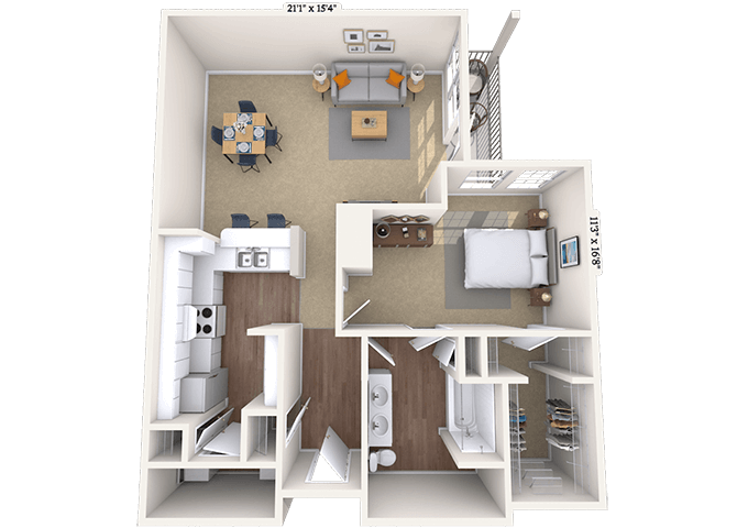 Traditional 1x1 961 SF floor plan