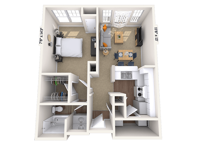 Traditional 1x1 658-887 SF floor plan