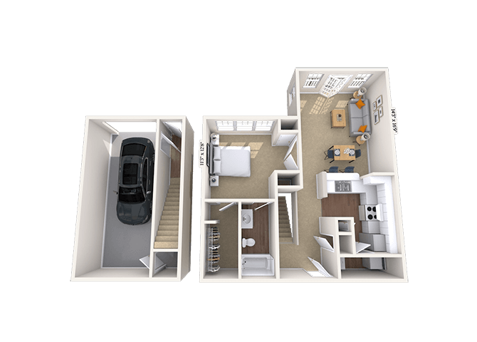 Traditional 1x1 840 SF floor plan
