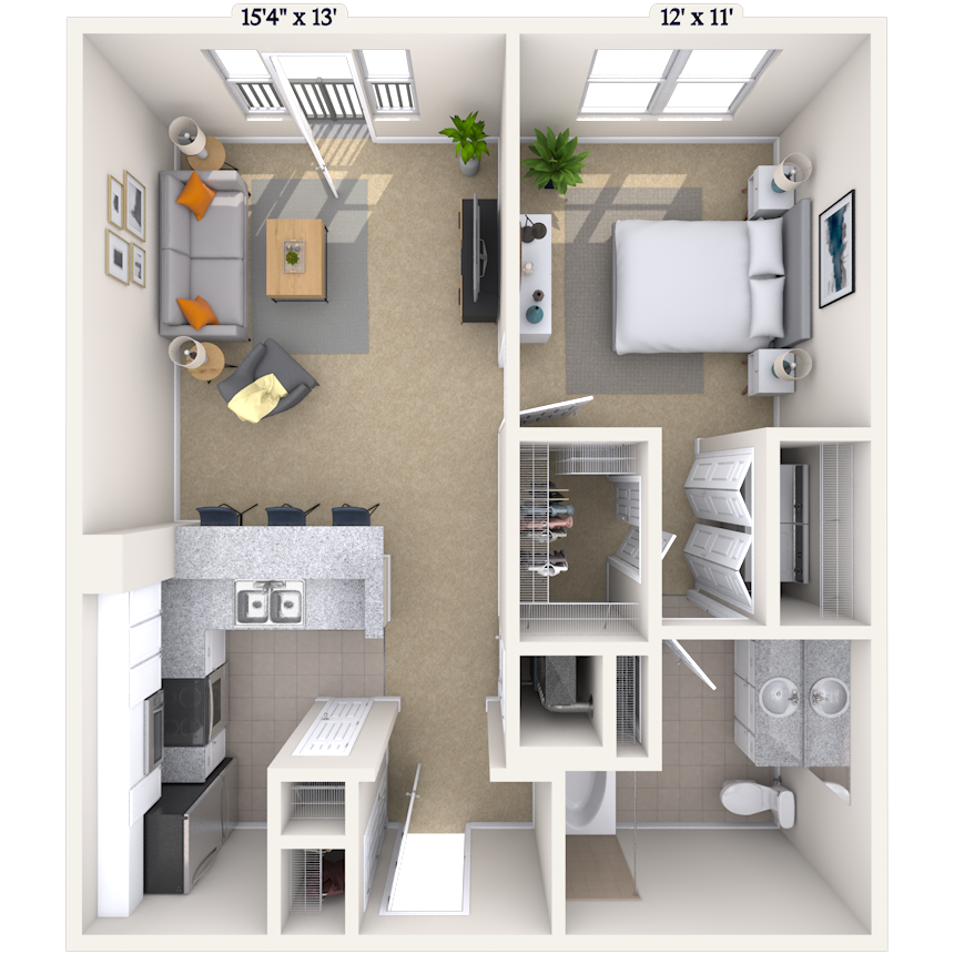 Traditional 1x1 667-952 SF floor plan
