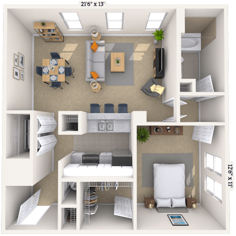 Traditional 1x1 729-999 SF floor plan