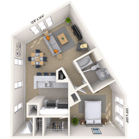Traditional 1x1 681 SF floor plan