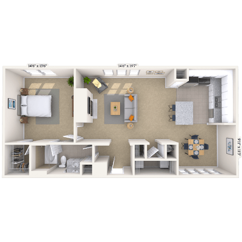Traditional 1x1 827-935 SF floor plan