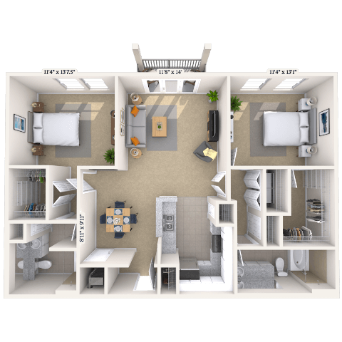 Traditional 2x2 1026-1197 SF floor plan