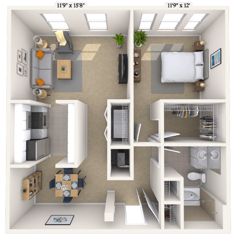 Traditional 1x1 793-843 SF floor plan