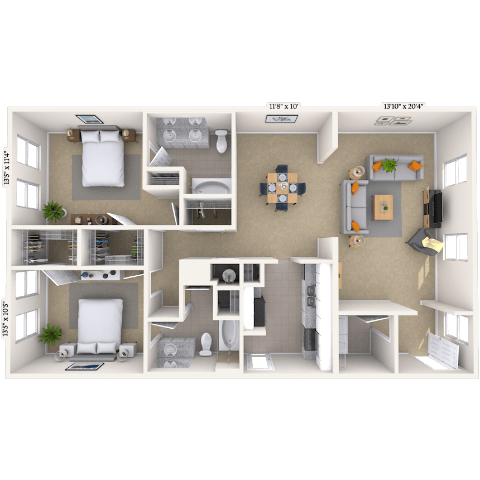 Traditional 2x2 1246-1369 SF floor plan