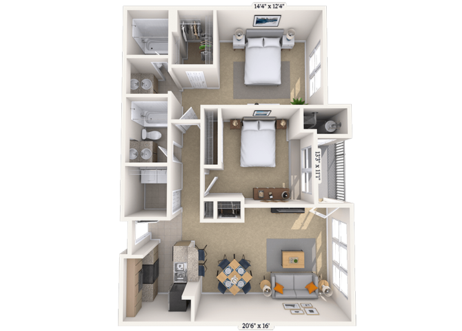 Traditional 2x2 1072 SF floor plan