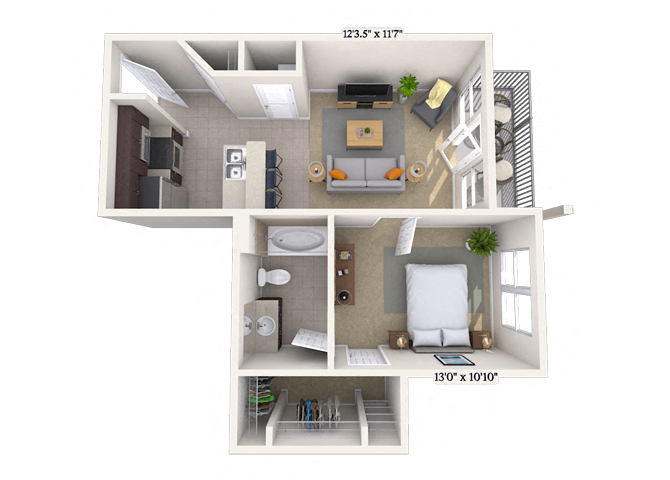 Traditional 1x1 550-567 SF floor plan