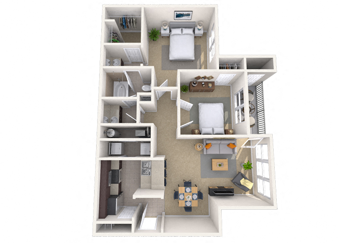 Traditional 2x1 983-996 SF floor plan