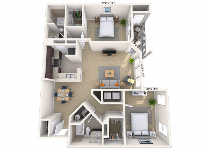 Traditional 2x2 1127-1140 SF floor plan