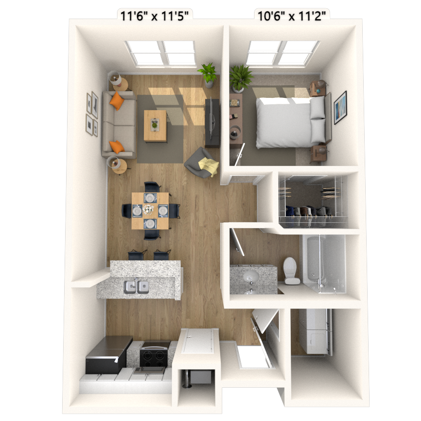 Traditional 1x1 676 SF floor plan
