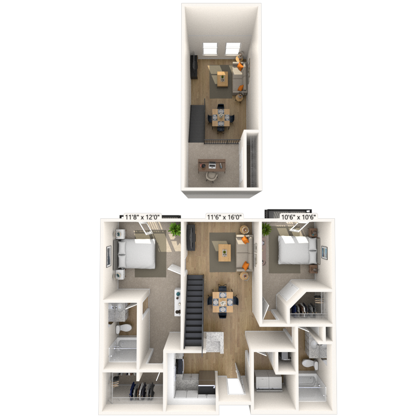 Traditional 2x2 1195-1257 SF floor plan