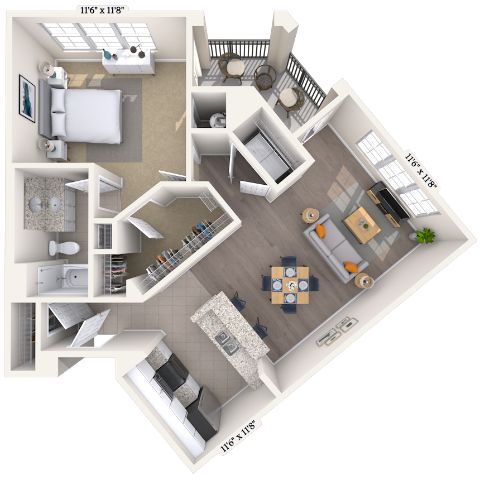 Traditional 1x1 885-1045 SF floor plan