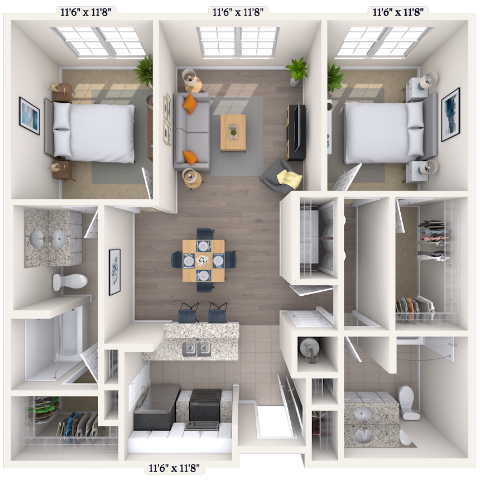 Traditional 2x2 1097-1197 SF floor plan
