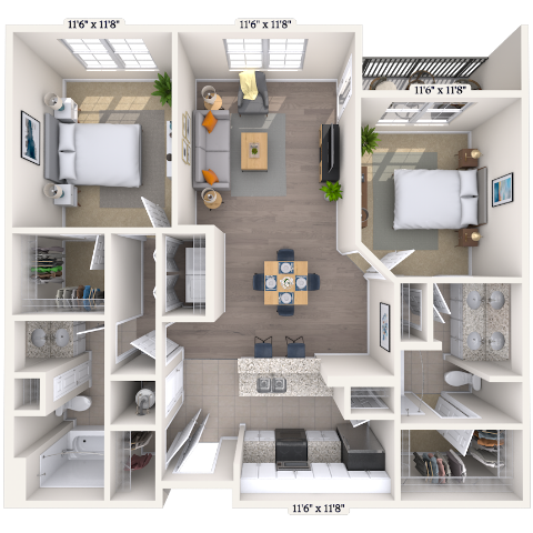 Traditional 2x2 1031-1097 SF floor plan
