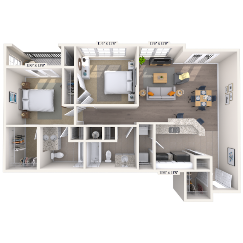 Traditional 2x2 976-1177 SF floor plan