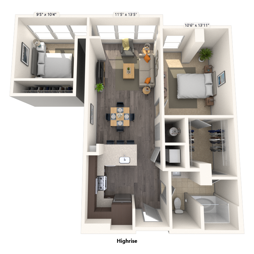 High Rise Traditional 2x1 892 SF floor plan