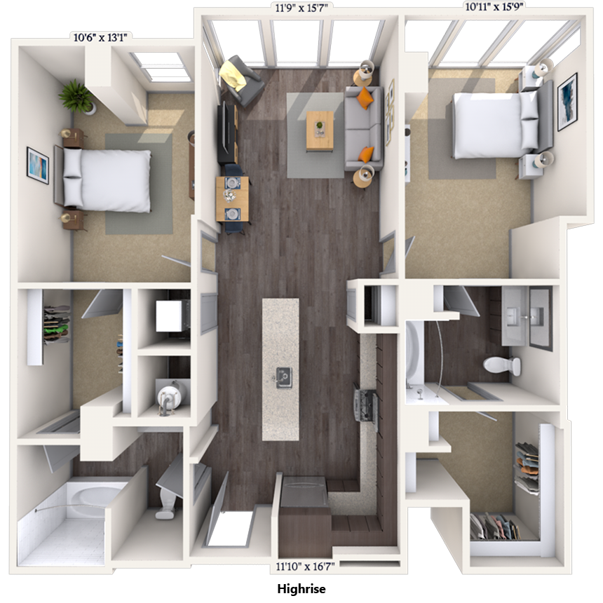 High Rise 2x2 1092-1093 SF floor plan