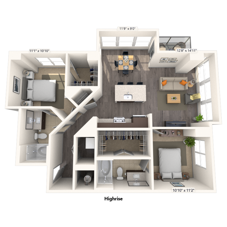 High Rise Traditional 2x2 1035-1149 SF floor plan