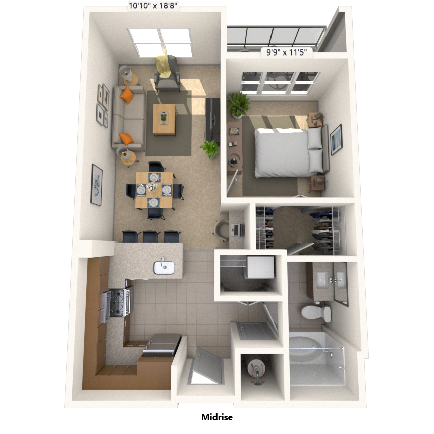 Traditional 1x1 548-857 SF floor plan