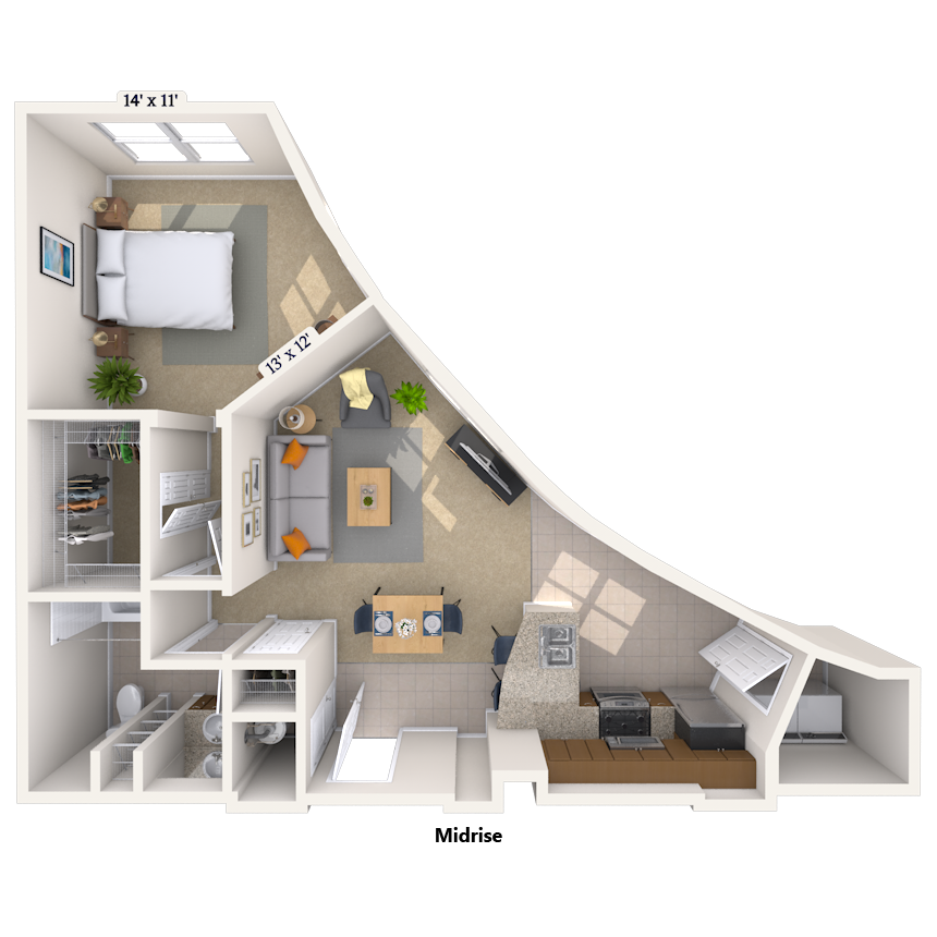 Traditional 1x1 900-918 SF floor plan