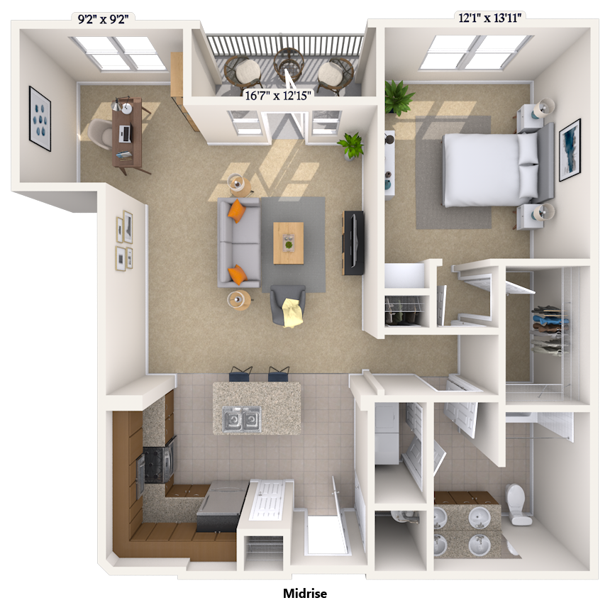 Traditional 1x1 752-951 SF floor plan