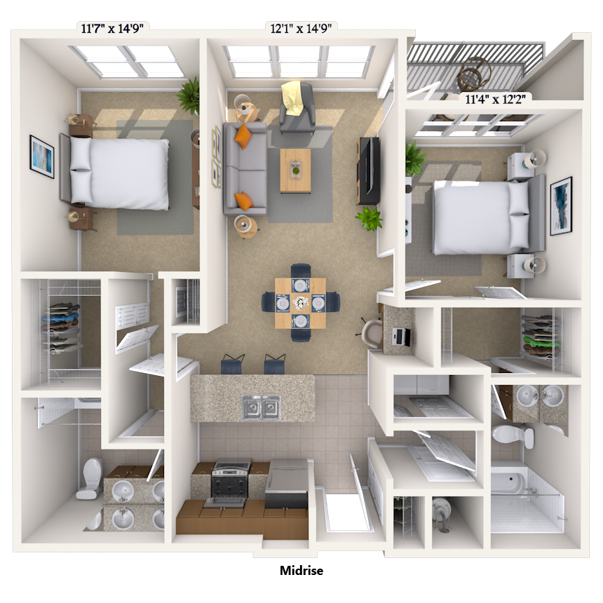 Traditional 2x2 1088-1132 SF floor plan