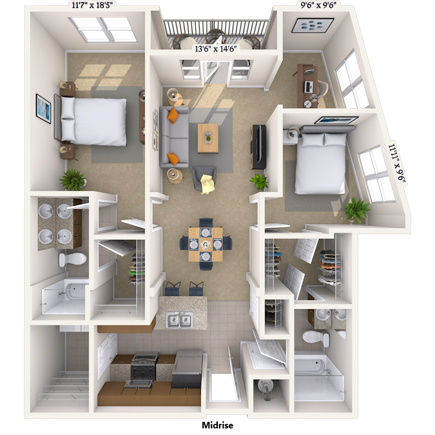Traditional 2x2 1368-1486 SF floor plan