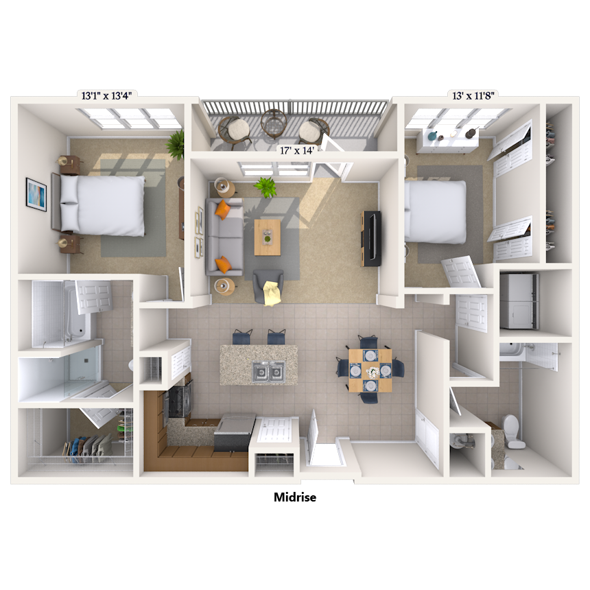 Traditional 2x2 1202-1250 SF floor plan