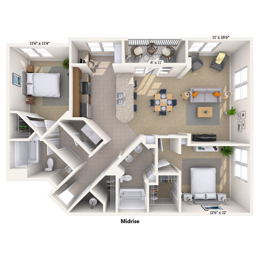 Traditional 2x2 1268-1389 SF floor plan