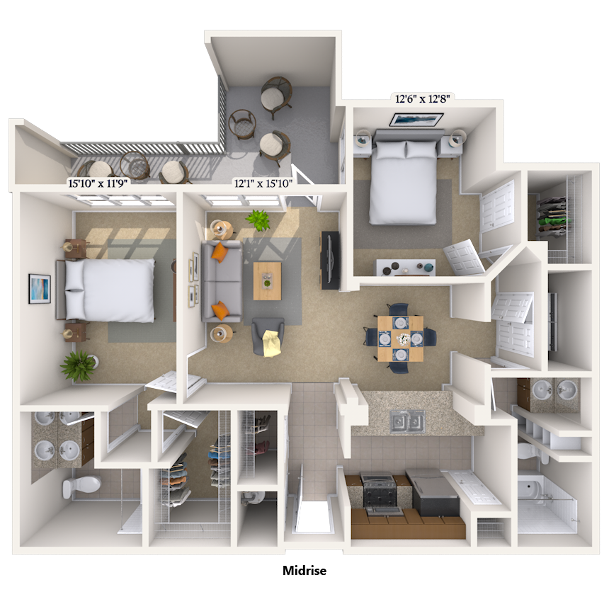 Traditional 2x2 1092-1174 SF floor plan