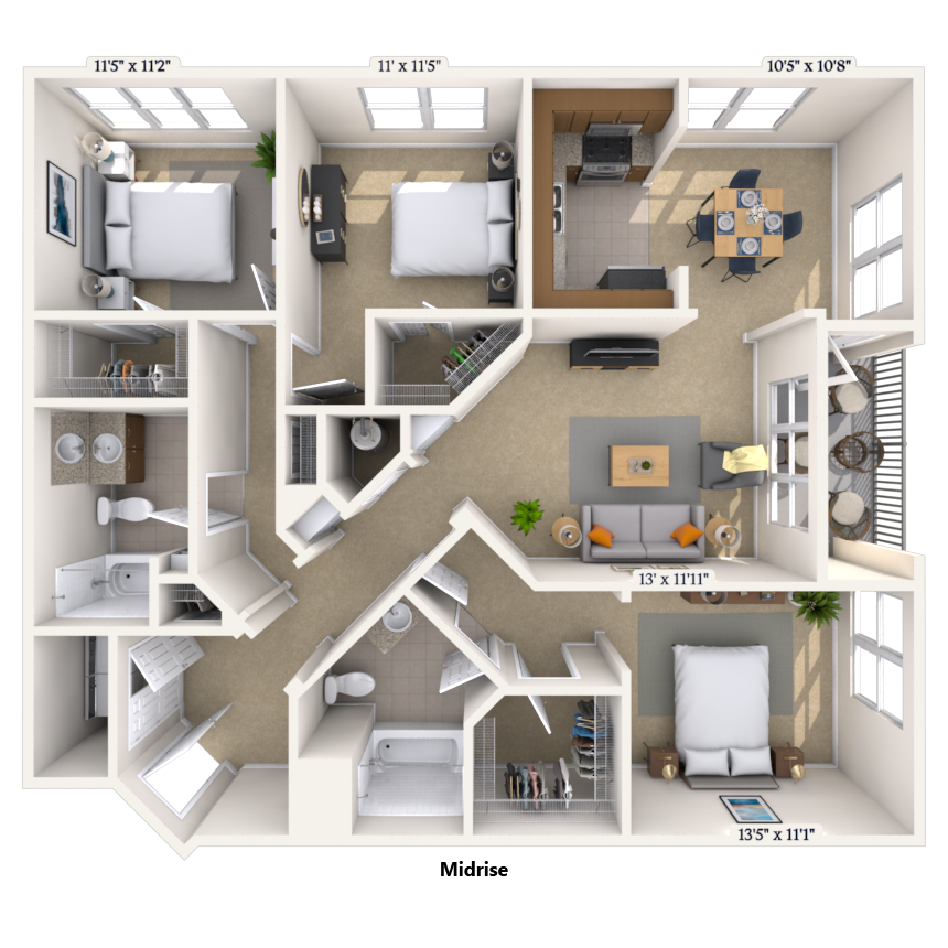Traditional 3x2 1366 SF floor plan