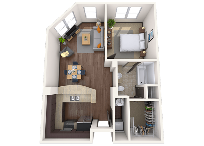 Traditional 1x1 689-710 SF floor plan