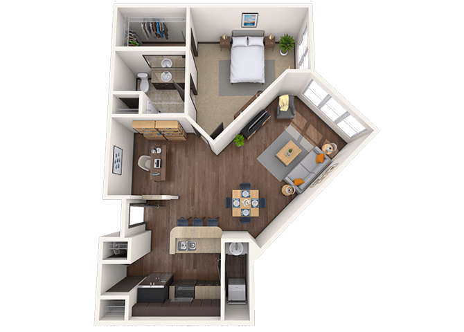 Traditional 1x1 834 SF floor plan