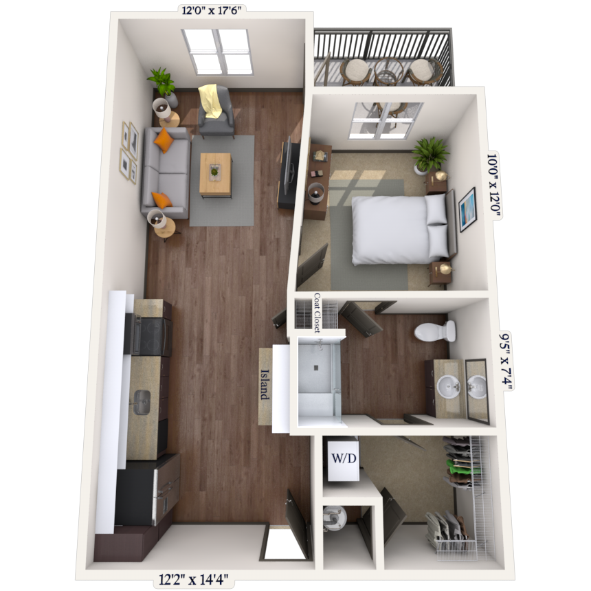 Traditional 1x1 649 SF floor plan