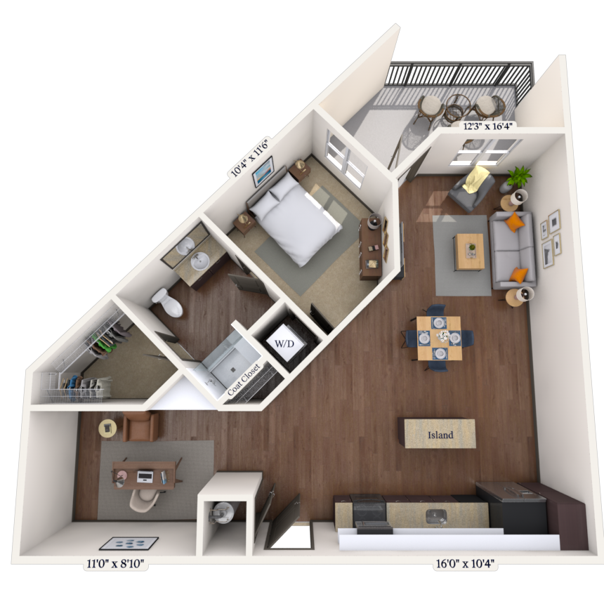 Traditional 1x1 798-975 SF floor plan