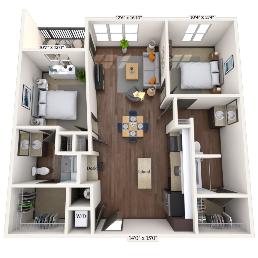 Traditional 2x2 1006-1027 SF floor plan