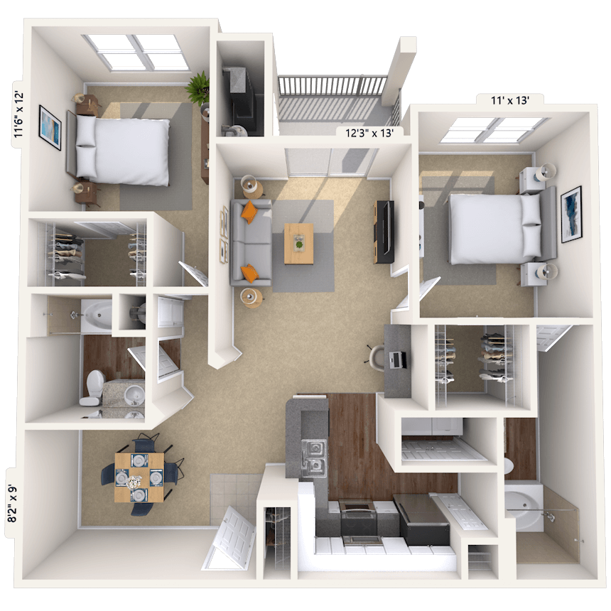 Traditional 2x2 1101-1137 SF floor plan