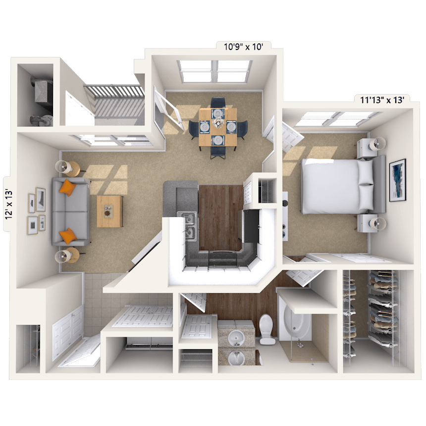 Traditional 1x1 793 SF floor plan