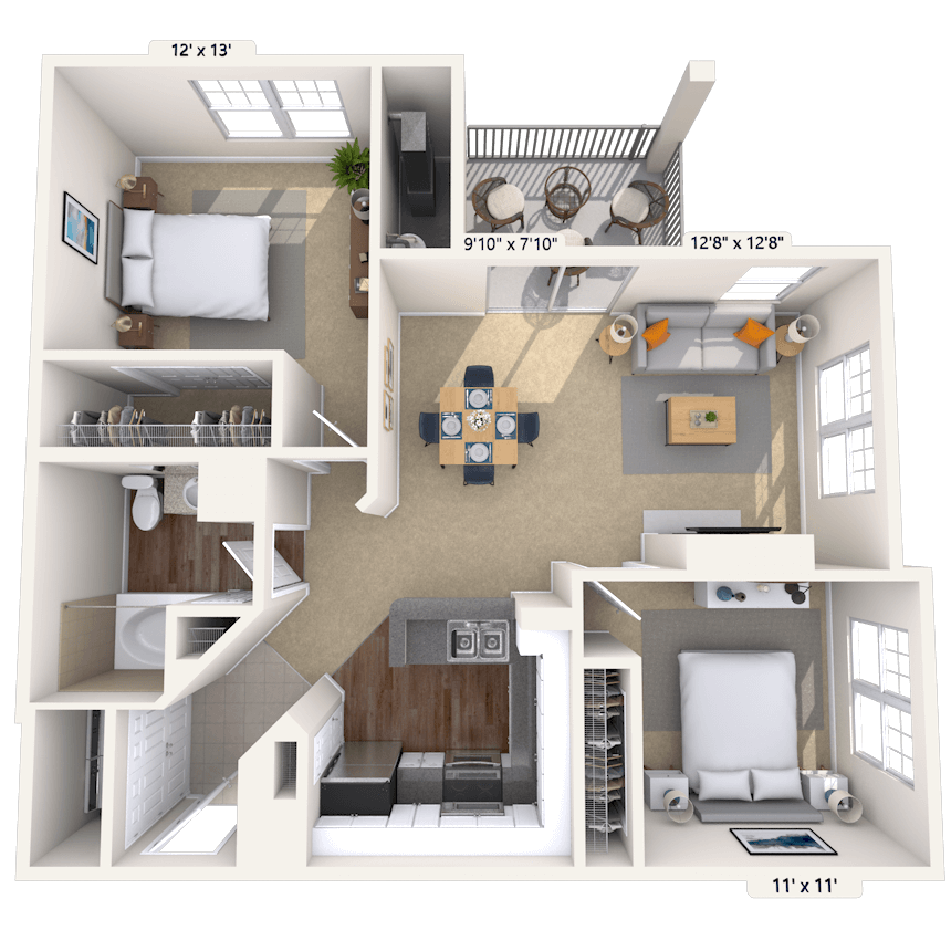 Traditional 2x1 970 SF floor plan