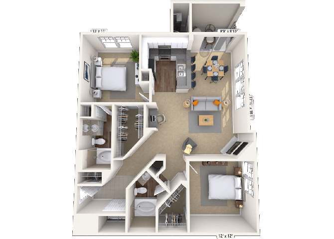 Traditional 2x2 1168 SF floor plan
