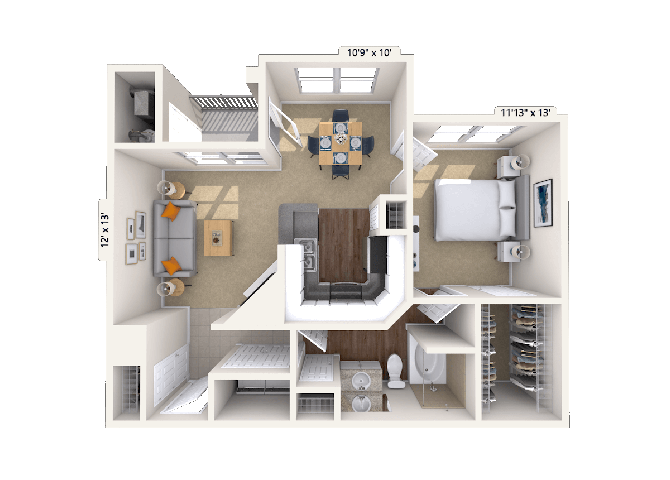 Traditional 1x1 674-735 SF floor plan