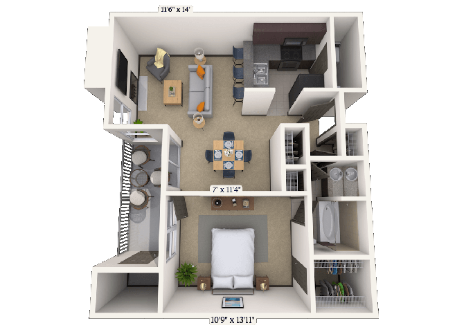 Traditional 1x1 708-716 SF floor plan
